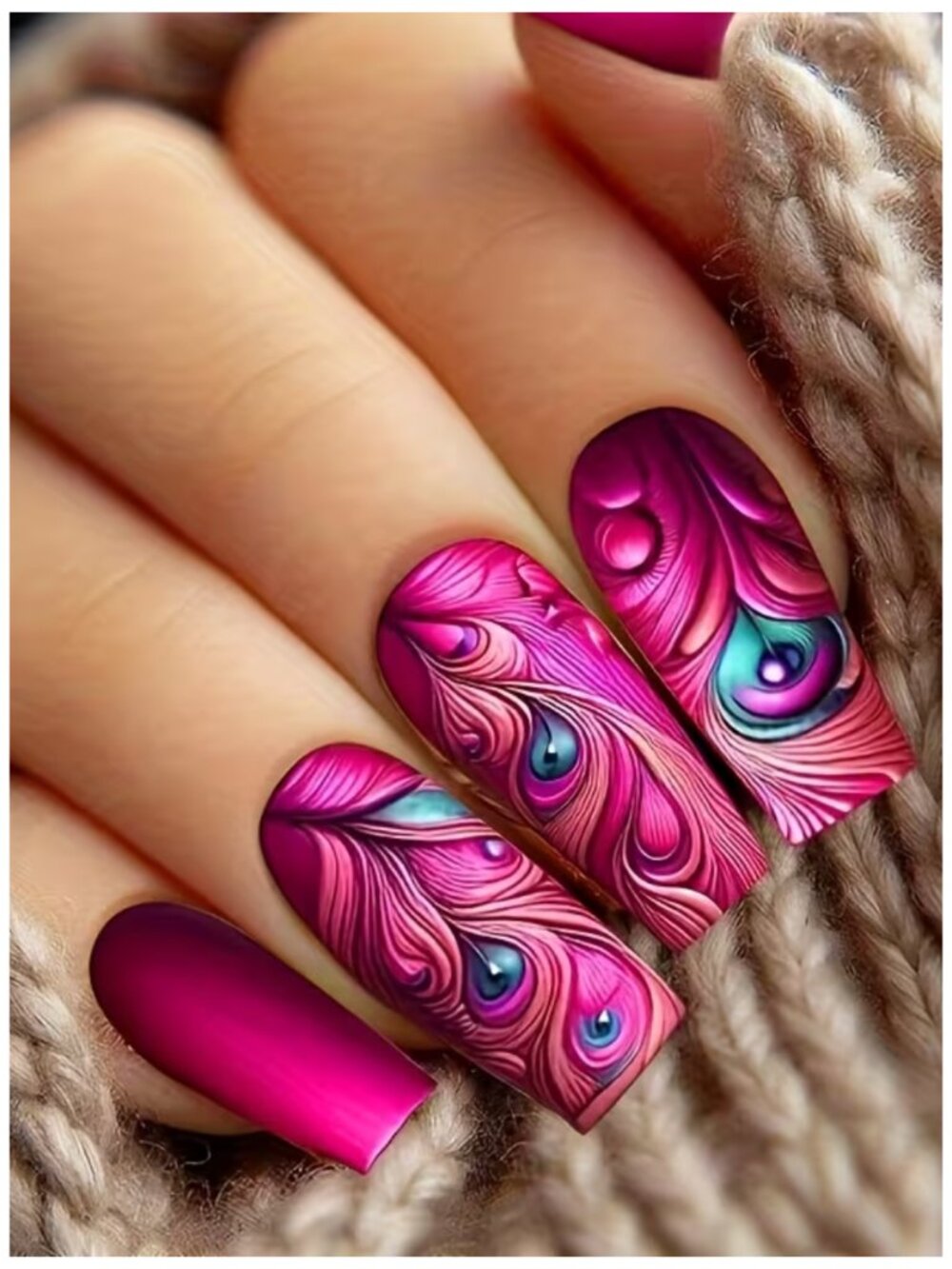 NWT Fuchsia Peacock Feather Press-On Nails Medium Coffin 3D Art False Nails